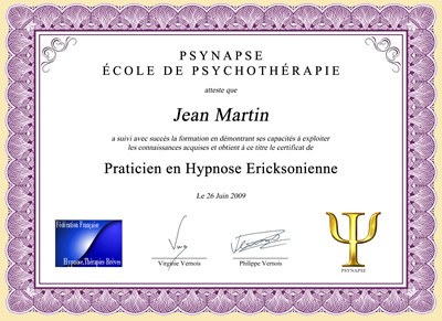 Diplome Praticien en Hypnose Ericksonienne